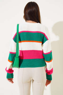 Renkli Kalın Çizgili Triko Crop Kazak Yeşil - Thumbnail