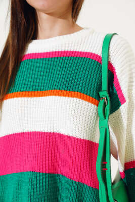 Renkli Kalın Çizgili Triko Crop Kazak Yeşil - Thumbnail