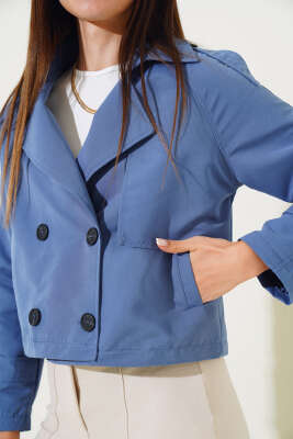 Kol ve Omuz Apoletli Kısa Ceket İndigo - Thumbnail