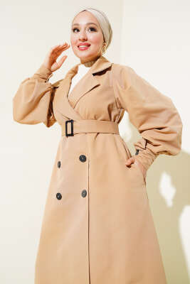 Kuşaklı Balon Kol Uzun Trençkot Camel - Thumbnail