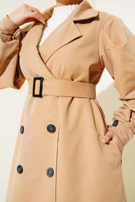 Kuşaklı Balon Kol Uzun Trençkot Camel - Thumbnail