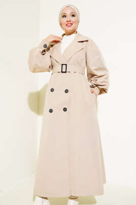 Kuşaklı Balon Kol Uzun Trençkot Bej - Thumbnail