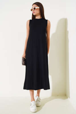 Kolsuz Basic Uzun Elbise Siyah - Thumbnail