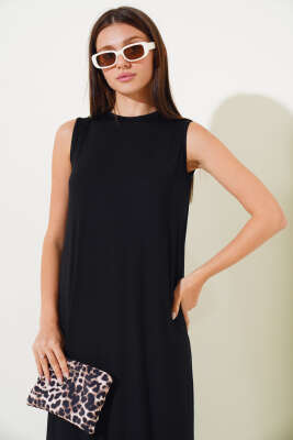 Kolsuz Basic Uzun Elbise Siyah - Thumbnail