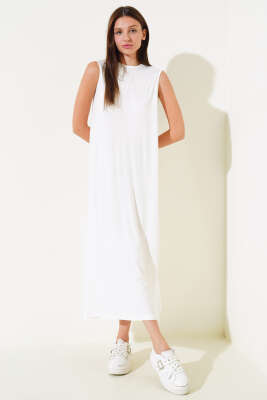 Pazarium - Kolsuz Basic Uzun Elbise Ekru