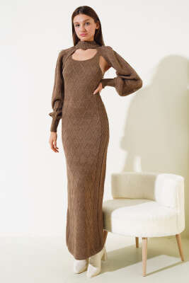 Kolluklu Elbiseli Triko İkili Takım Vizon - Thumbnail