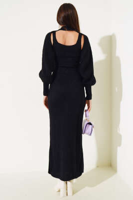 Kolluklu Elbiseli Triko İkili Takım Siyah - Thumbnail