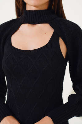 Kolluklu Elbiseli Triko İkili Takım Siyah - Thumbnail