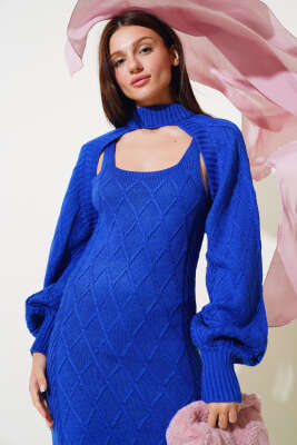 Kolluklu Elbiseli Triko İkili Takım Saks - Thumbnail