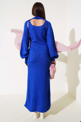 Kolluklu Elbiseli Triko İkili Takım Saks - Thumbnail