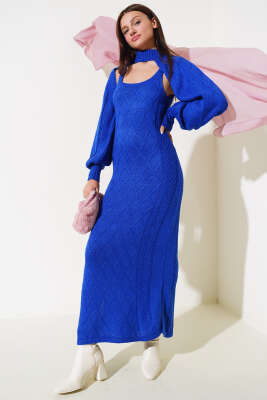 Kolluklu Elbiseli Triko İkili Takım Saks - Thumbnail