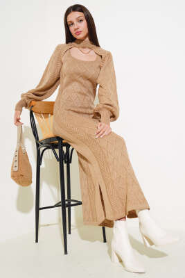 Kolluklu Elbiseli Triko İkili Takım Latte - Thumbnail