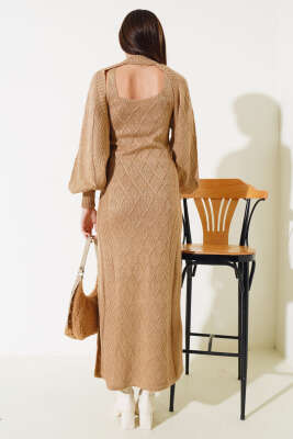 Kolluklu Elbiseli Triko İkili Takım Latte - Thumbnail