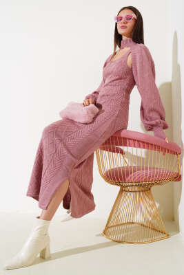 Kolluklu Elbiseli Triko İkili Takım Gül Kurusu - Thumbnail