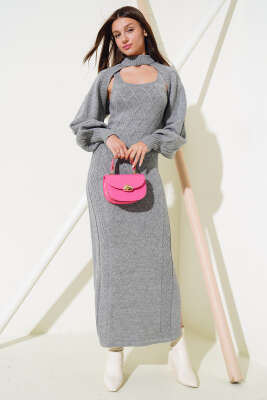 Kolluklu Elbiseli Triko İkili Takım Gri - Thumbnail