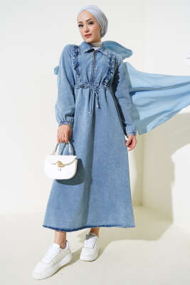 Pazarium - Fırfırlı Fermuarlı Kot Elbise Kot Mavisi