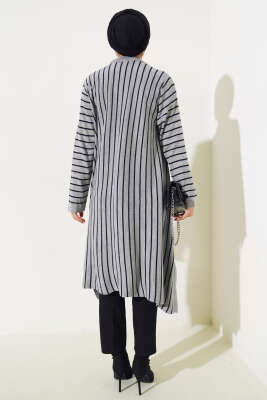 Çizgili Asimetrik Kesim Triko Tunik Gri - Thumbnail