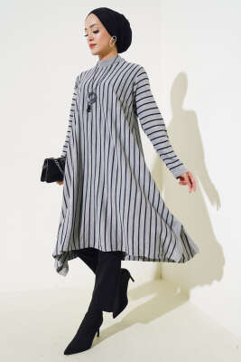 Çizgili Asimetrik Kesim Triko Tunik Gri - Thumbnail