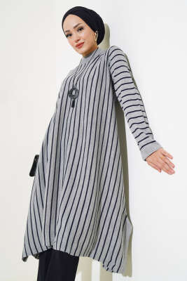 Çizgili Asimetrik Kesim Triko Tunik Gri - Thumbnail