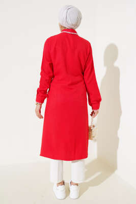 Dikiş Detaylı Bel İpli Tunik Kırmızı - Thumbnail