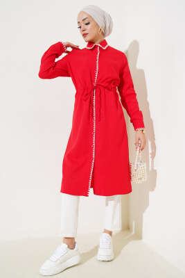 Dikiş Detaylı Bel İpli Tunik Kırmızı - Thumbnail