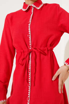 Dikiş Detaylı Bel İpli Tunik Kırmızı - Thumbnail