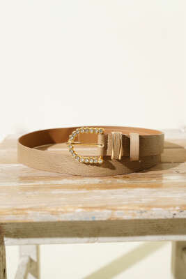 Tokası Oval Pırlantalı Kemer Bej - Thumbnail