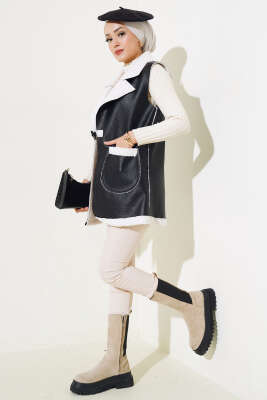 Çift Cepli Kürklü Deri Yelek Siyah Beyaz - Thumbnail