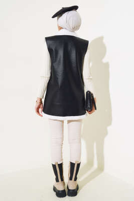 Çift Cepli Kürklü Deri Yelek Siyah Beyaz - Thumbnail