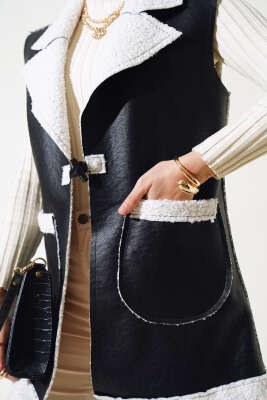 Çift Cepli Kürklü Deri Yelek Siyah Beyaz - Thumbnail