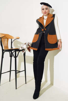 Çift Cepli Kürklü Deri Yelek Siyah Camel - Thumbnail