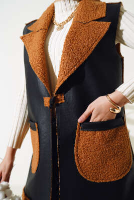 Çift Cepli Kürklü Deri Yelek Siyah Camel - Thumbnail