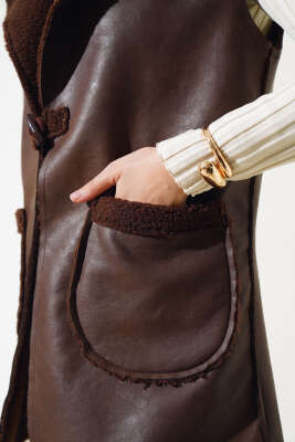 	 Çift Cepli Kürklü Deri Yelek Kahve - Thumbnail