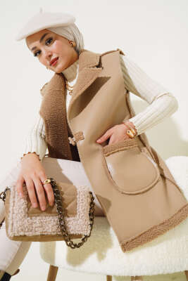 	 Çift Cepli Kürklü Deri Yelek Bej - Thumbnail