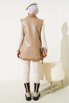 	 Çift Cepli Kürklü Deri Yelek Bej - Thumbnail