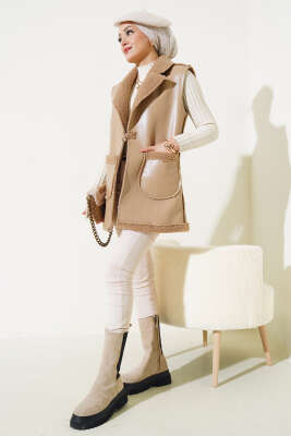 	 Çift Cepli Kürklü Deri Yelek Bej - Thumbnail