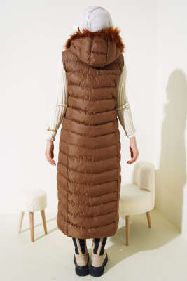 Fermuarlı Kürklü Şişme Yelek Kestane - Thumbnail