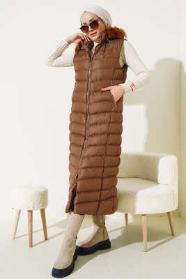 Fermuarlı Kürklü Şişme Yelek Kestane - Thumbnail