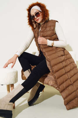 Fermuarlı Kürklü Şişme Yelek Kestane - Thumbnail