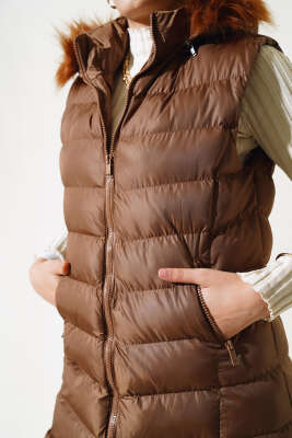 Fermuarlı Kürklü Şişme Yelek Kestane - Thumbnail