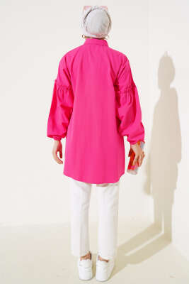 Pileli Çiçek Nakışlı Gömlek Fuşya - Thumbnail