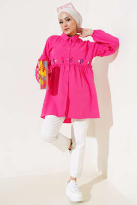 Pileli Çiçek Nakışlı Gömlek Fuşya - Thumbnail