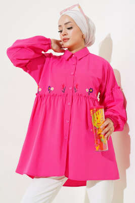 Pileli Çiçek Nakışlı Gömlek Fuşya - Thumbnail