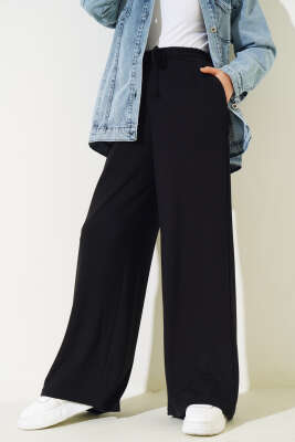 Bel İp Bağlamalı Bol Pantolon Siyah - Thumbnail