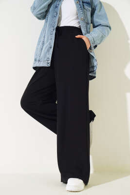 Bel İp Bağlamalı Bol Pantolon Siyah - Thumbnail