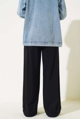 Bel İp Bağlamalı Bol Pantolon Siyah - Thumbnail