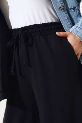Bel İp Bağlamalı Bol Pantolon Siyah - Thumbnail