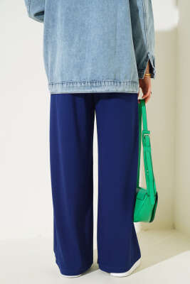 Bel İp Bağlamalı Bol Pantolon Lacivert - Thumbnail