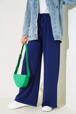 Bel İp Bağlamalı Bol Pantolon Lacivert - Thumbnail