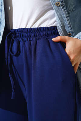 Bel İp Bağlamalı Bol Pantolon Lacivert - Thumbnail